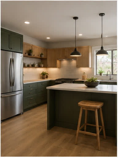 Warm modern kitchen created with AI room design